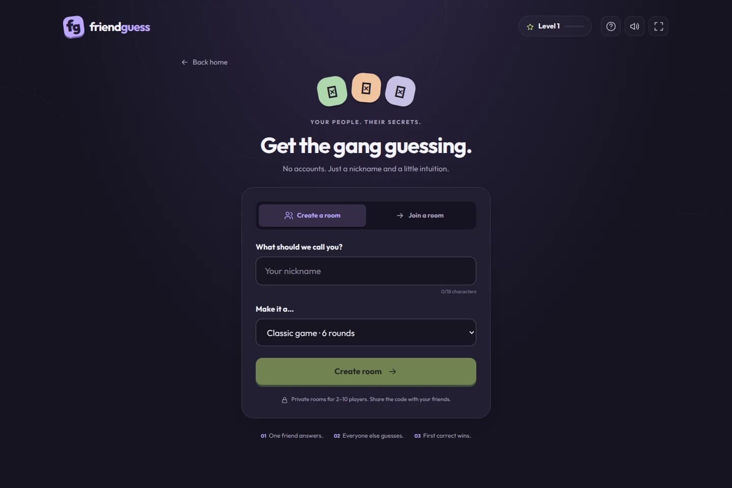 FriendGuess multiplayer screen with create and join room options