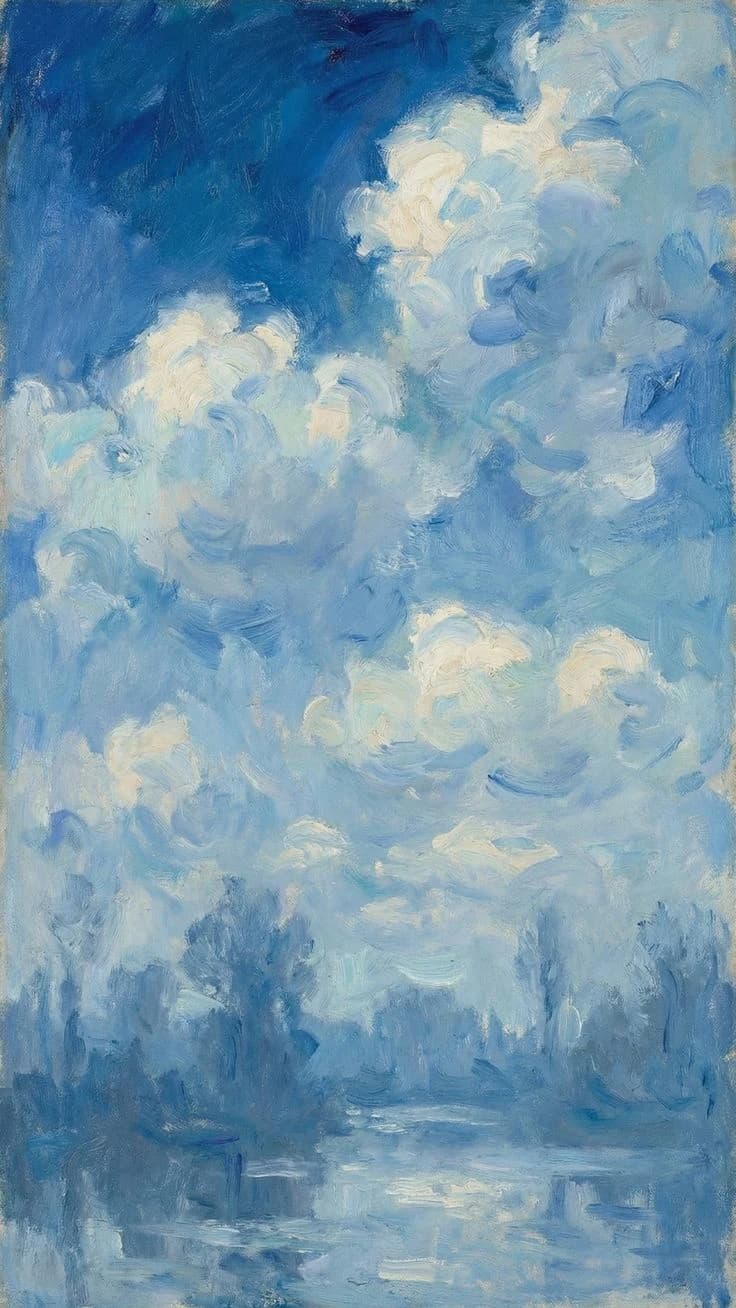 Expressive blue and ivory clouds painted in oils
