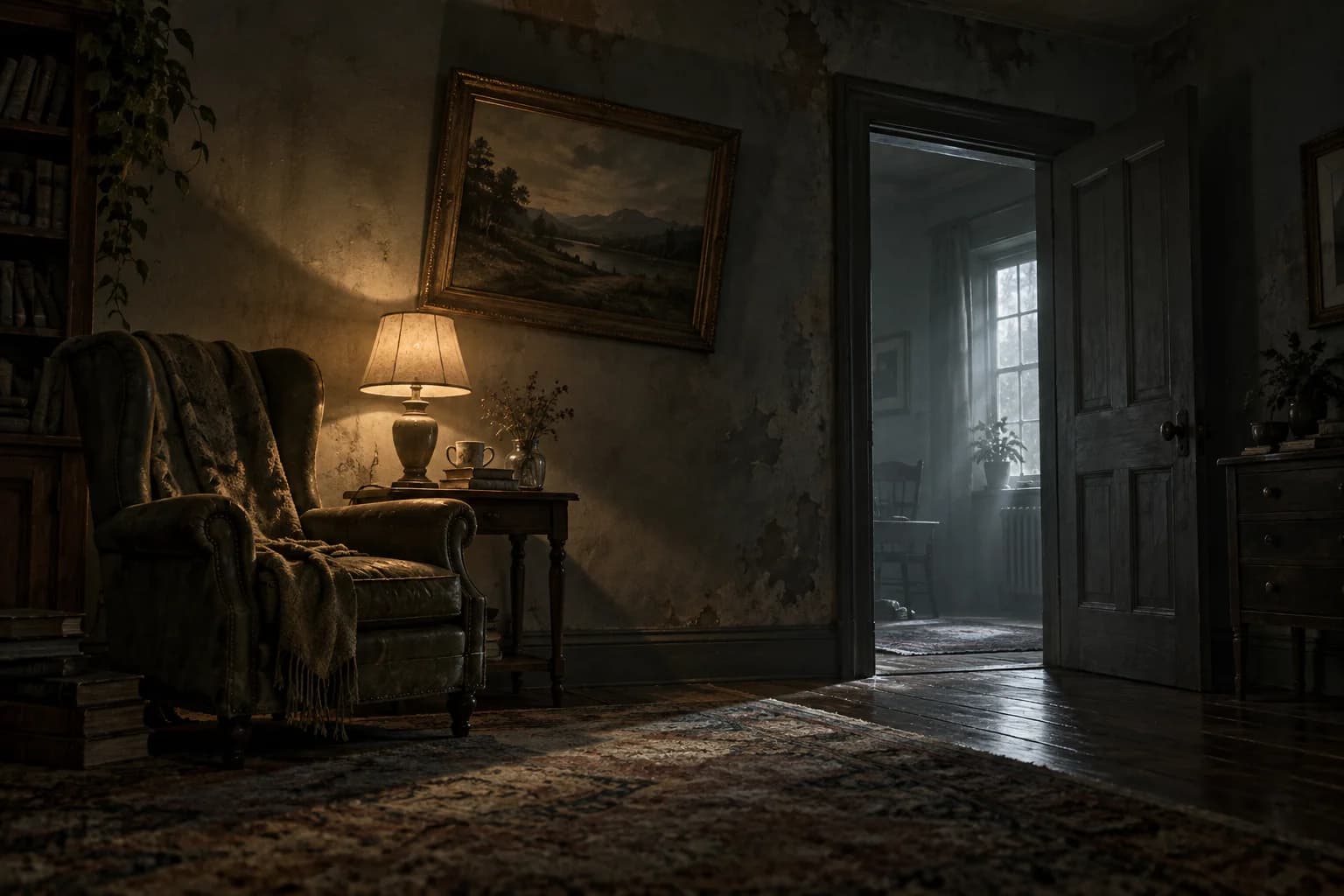 Concept illustration of a dimly lit room with a chair, painting and open doorway